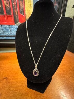 Marcasite and Amethyst Teardrop Pendant Necklace - Silver Tone